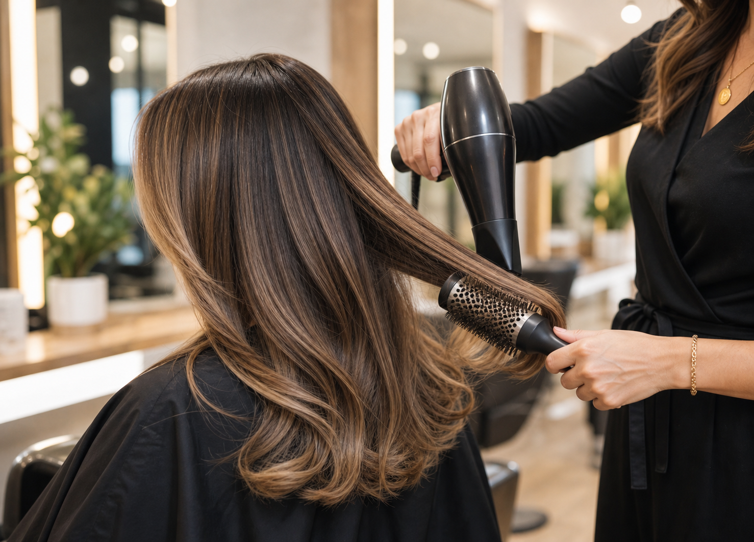 Professional blowout styling with round brush in a salon