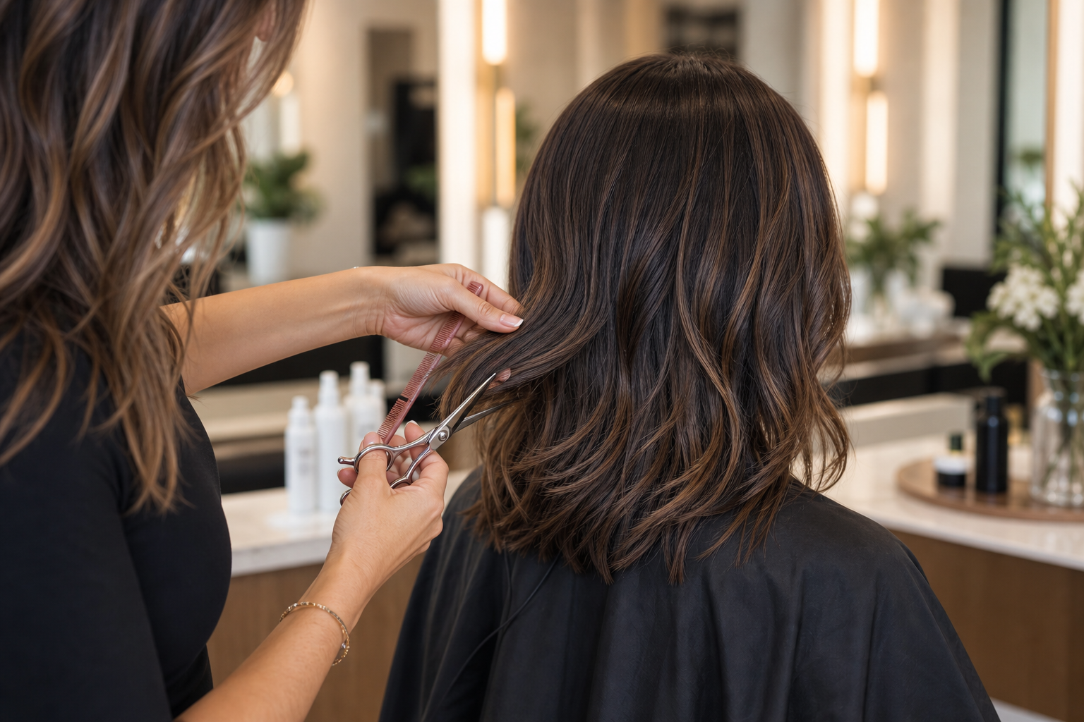 Precision women's haircut in a salon