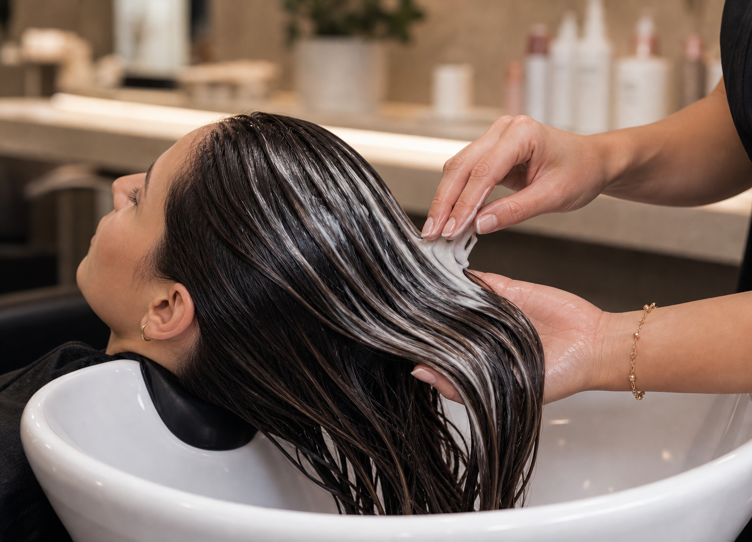 Deep conditioning treatment applied to damp hair
