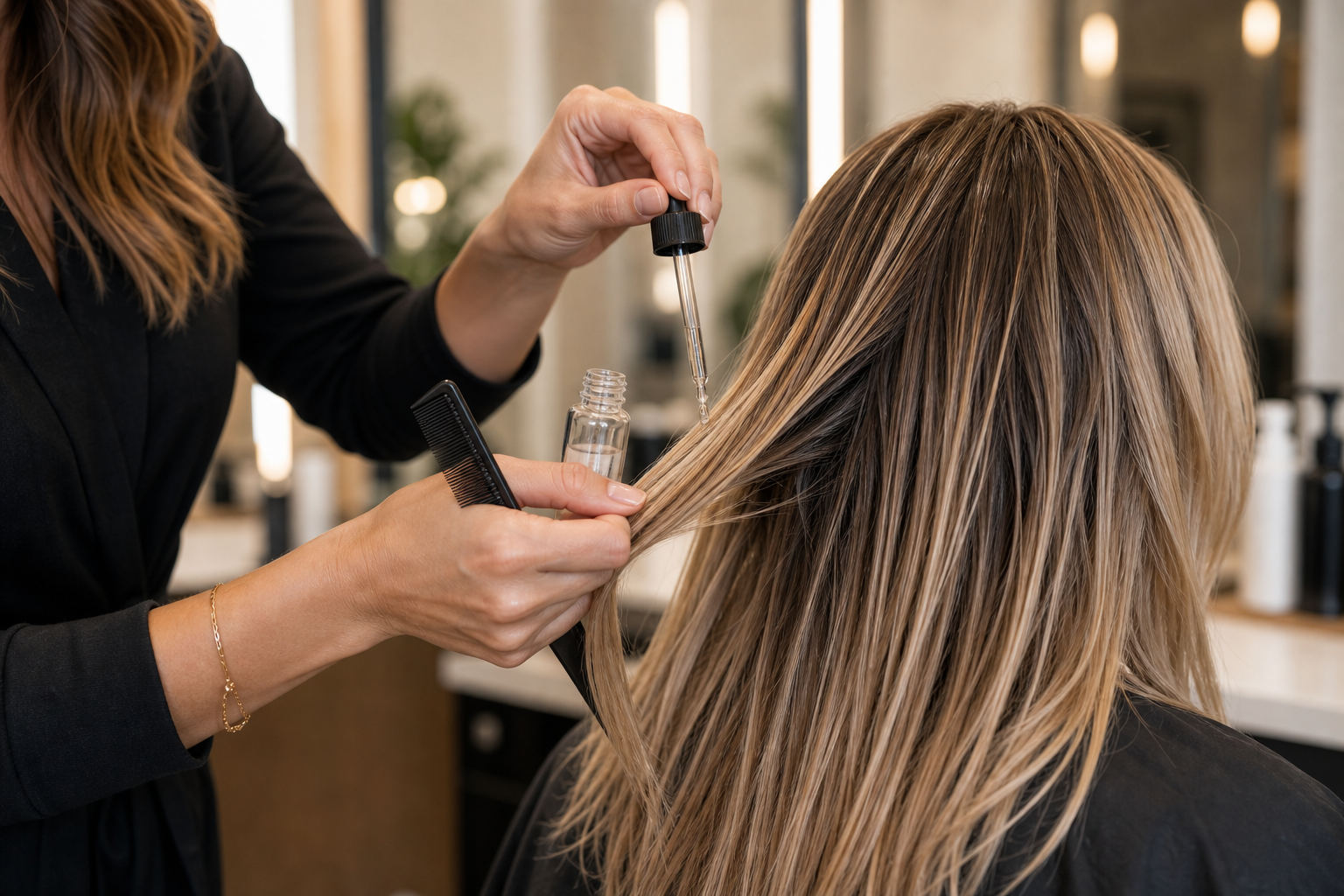Repair and strengthening treatment applied to highlighted hair
