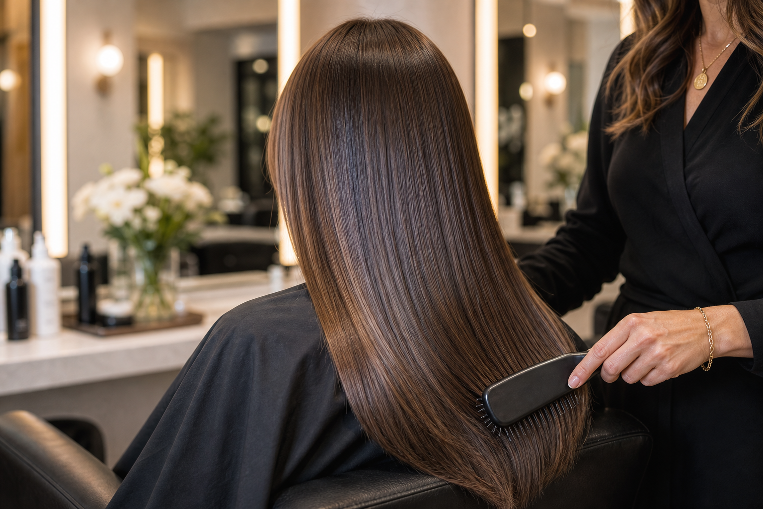 Smooth shiny hair after a keratin smoothing treatment